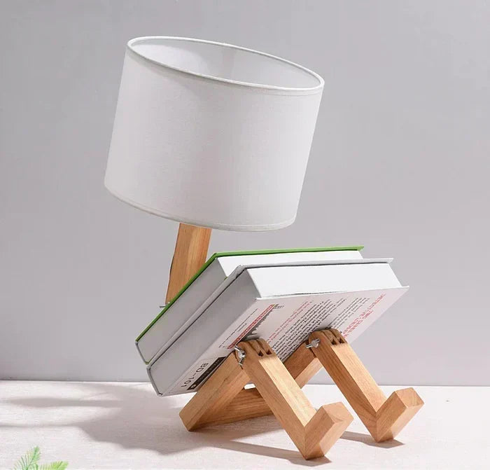 Lámpara de mesa de madera con forma de robot, ajustable y plegable, con soporte para libros