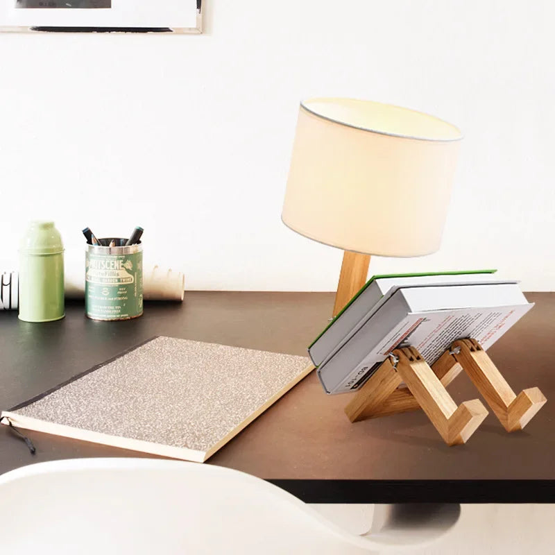 Lámpara de mesa de madera con forma de robot, ajustable y plegable, con soporte para libros