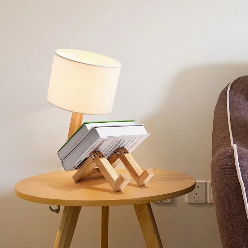 Lámpara de mesa de madera con forma de robot, ajustable y plegable, con soporte para libros