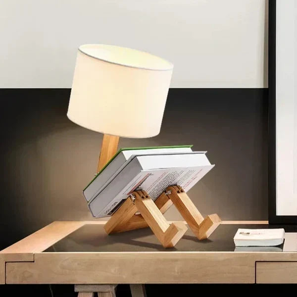 Lámpara de mesa de madera con forma de robot, ajustable y plegable, con soporte para libros