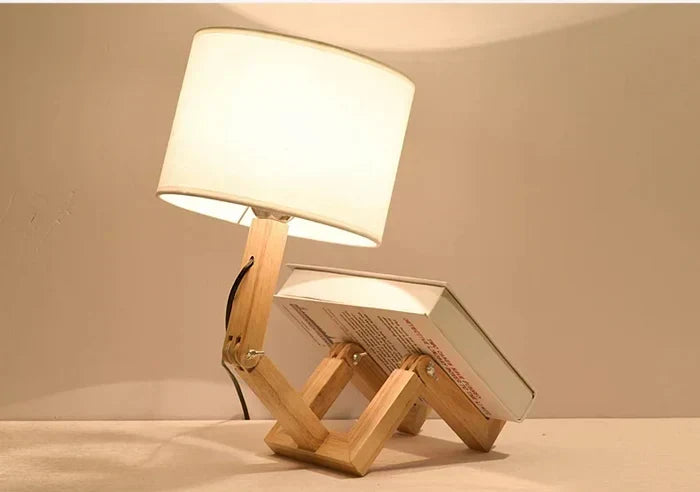 Lámpara de mesa de madera con forma de robot, ajustable y plegable, con soporte para libros